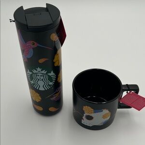 Starbucks Black Travel Tumbler & Mug Set with Colorful Hummingbird Accents